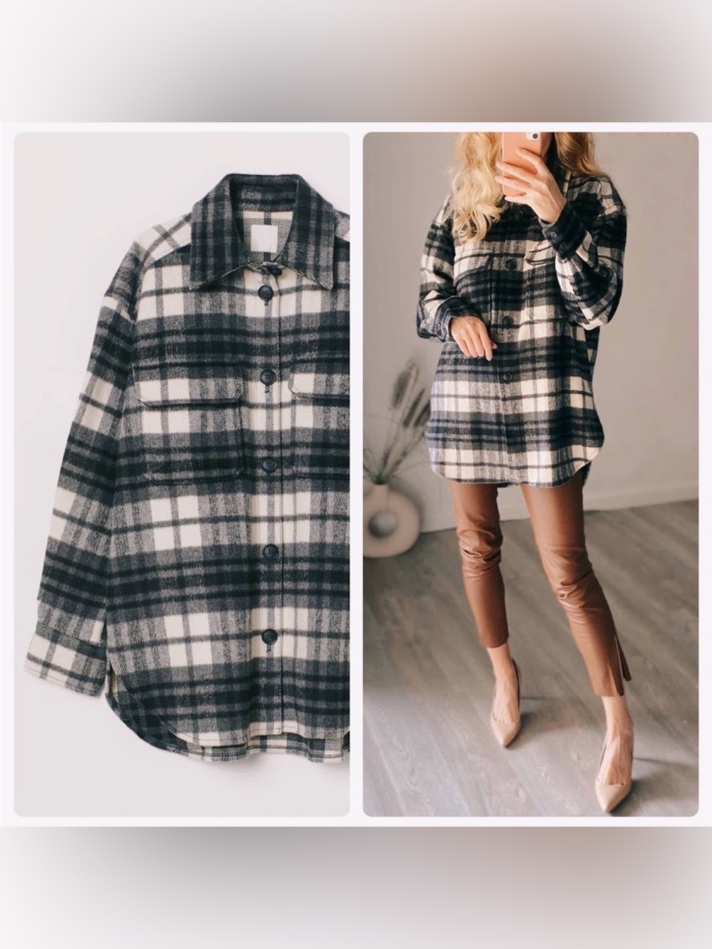 Shacket Jacket Overshirt H&M Black White Button Down Plaid